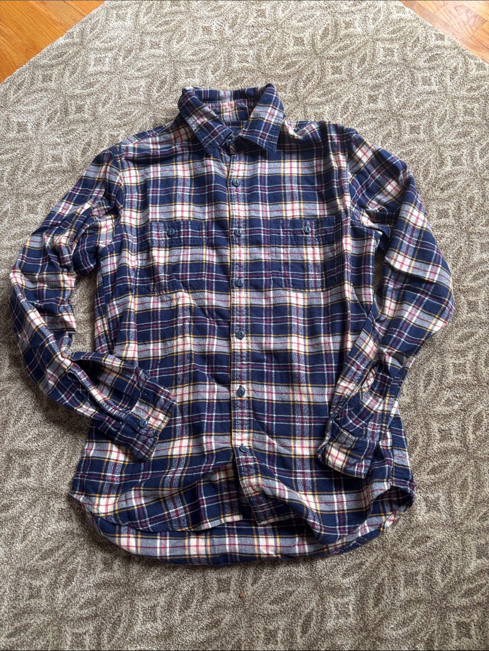 J. Crew Navy Plaid Button-Down Shirt with White and Red Accents